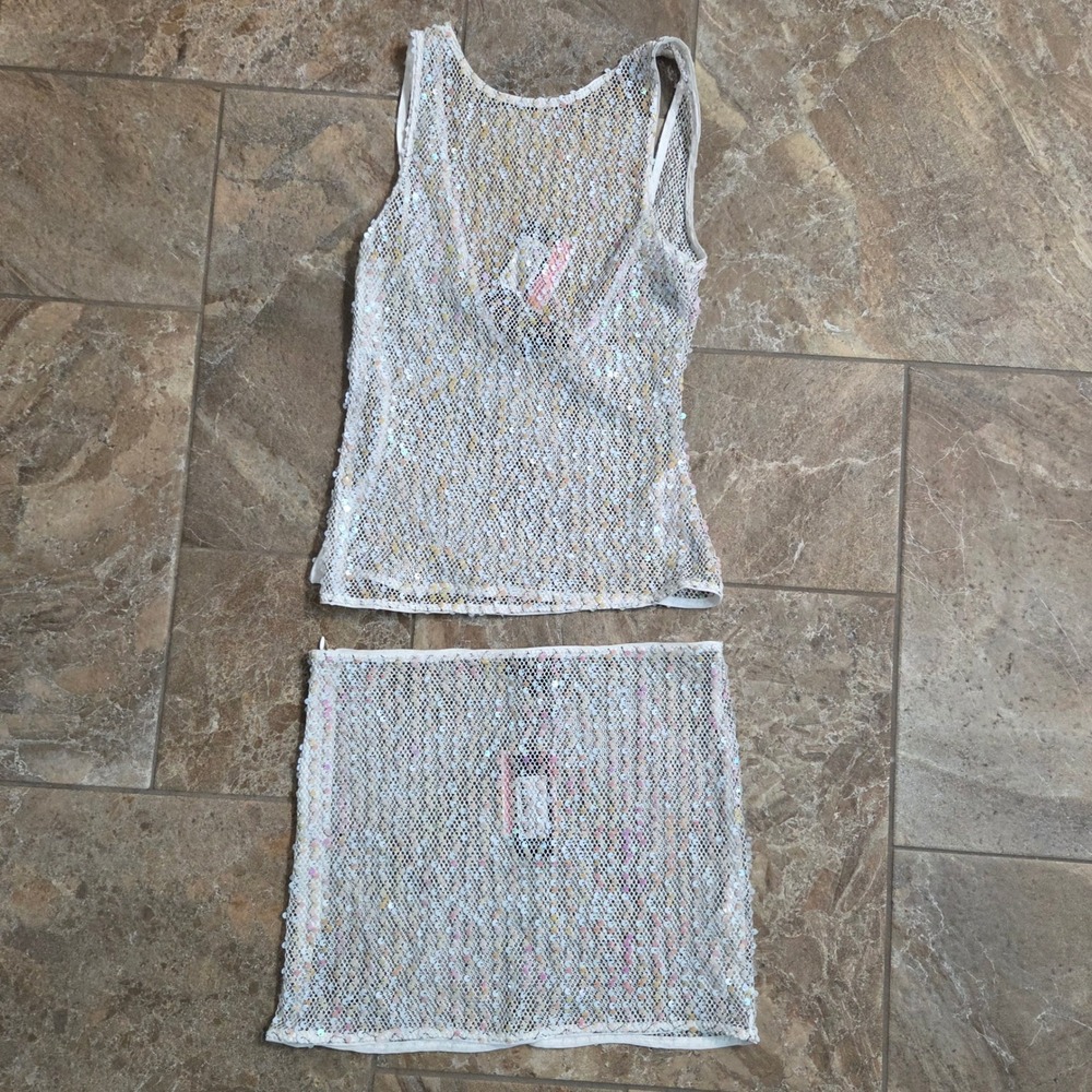 PrettyLittleThing White Iridescent Sequin Mesh Tank Top and Mini Skirt Set NWT 4